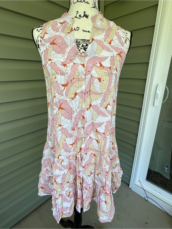 Nine West Dresses & Skirts - Nine West Pink, Cream & Orange Leaf-Print ruffled Summer Dress size L very cute